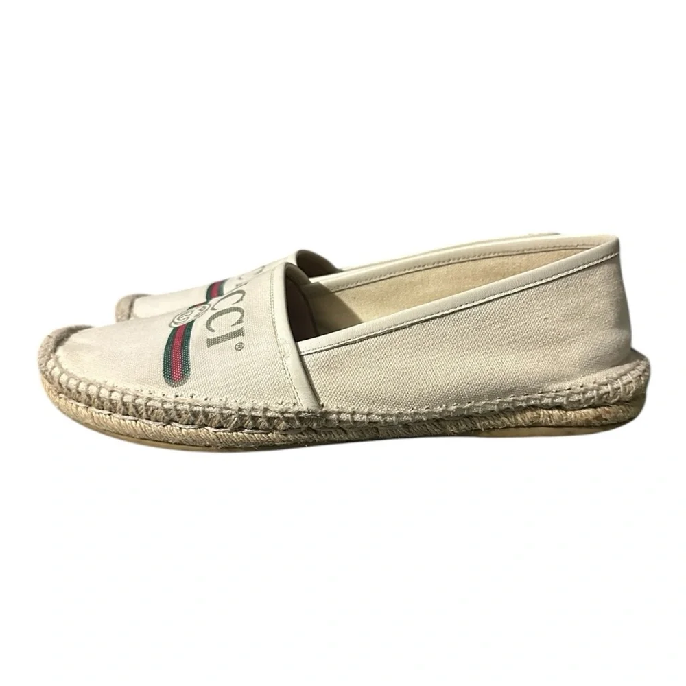 Gucci Canvas Slip-On Espadrilles with Green and Red Web Cream Size 40.5